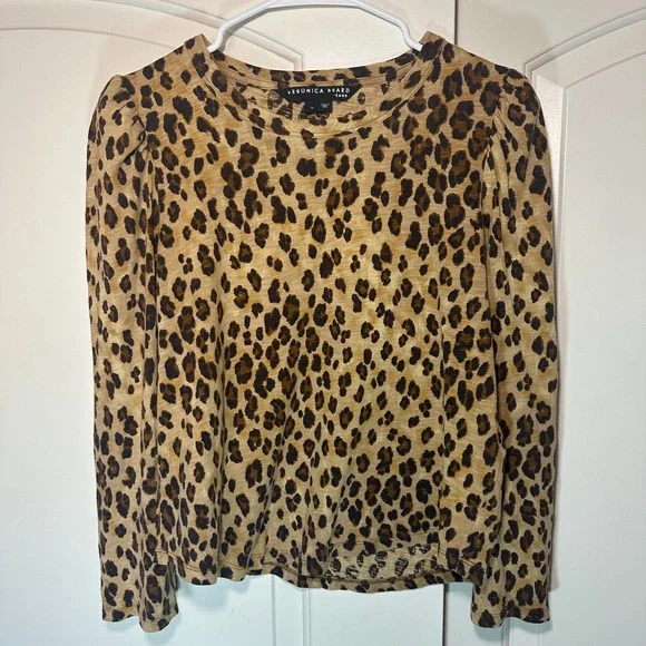 Veronica Beard Porter Leopard Puff Sleeve Tee Brown Womens Med Boho Pima Cotton - Picture 2 of 5